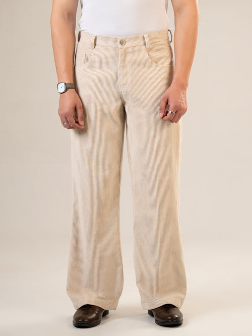 Beige Cotton Straight Fit Pants | For Men