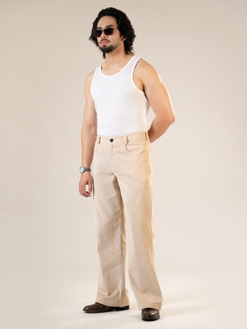 Beige Cotton Straight Fit Pants | For Men