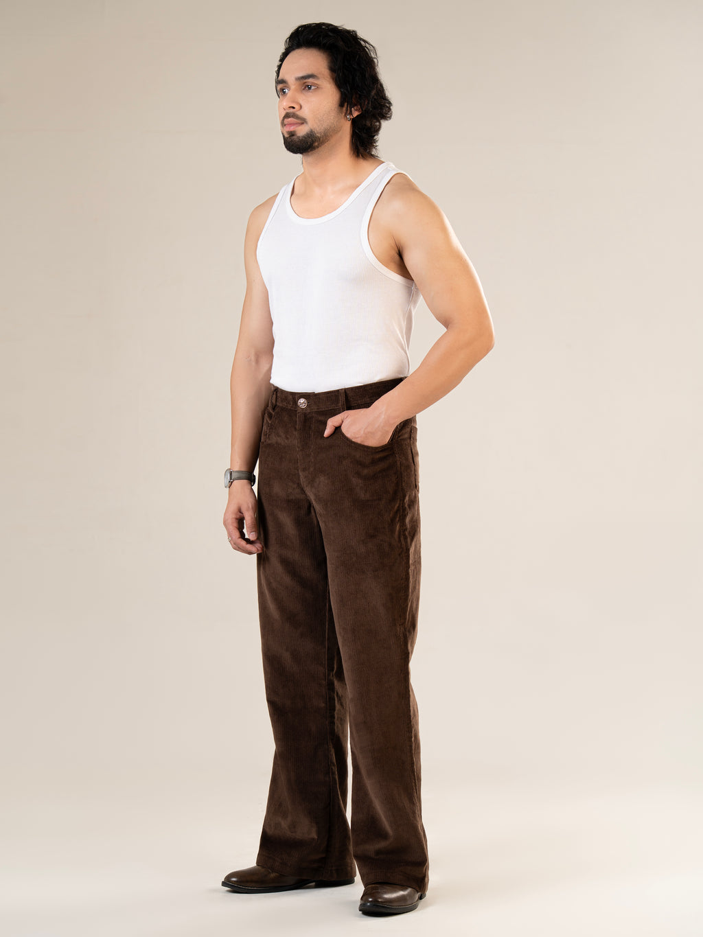 Coffee Cotton Straight Fit Pants | For Men