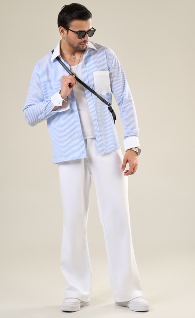 Blue & White Cotton Full Sleeve Solid Shirt | For Men