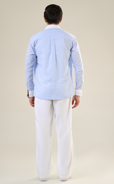 Blue & White Cotton Full Sleeve Solid Shirt | For Men
