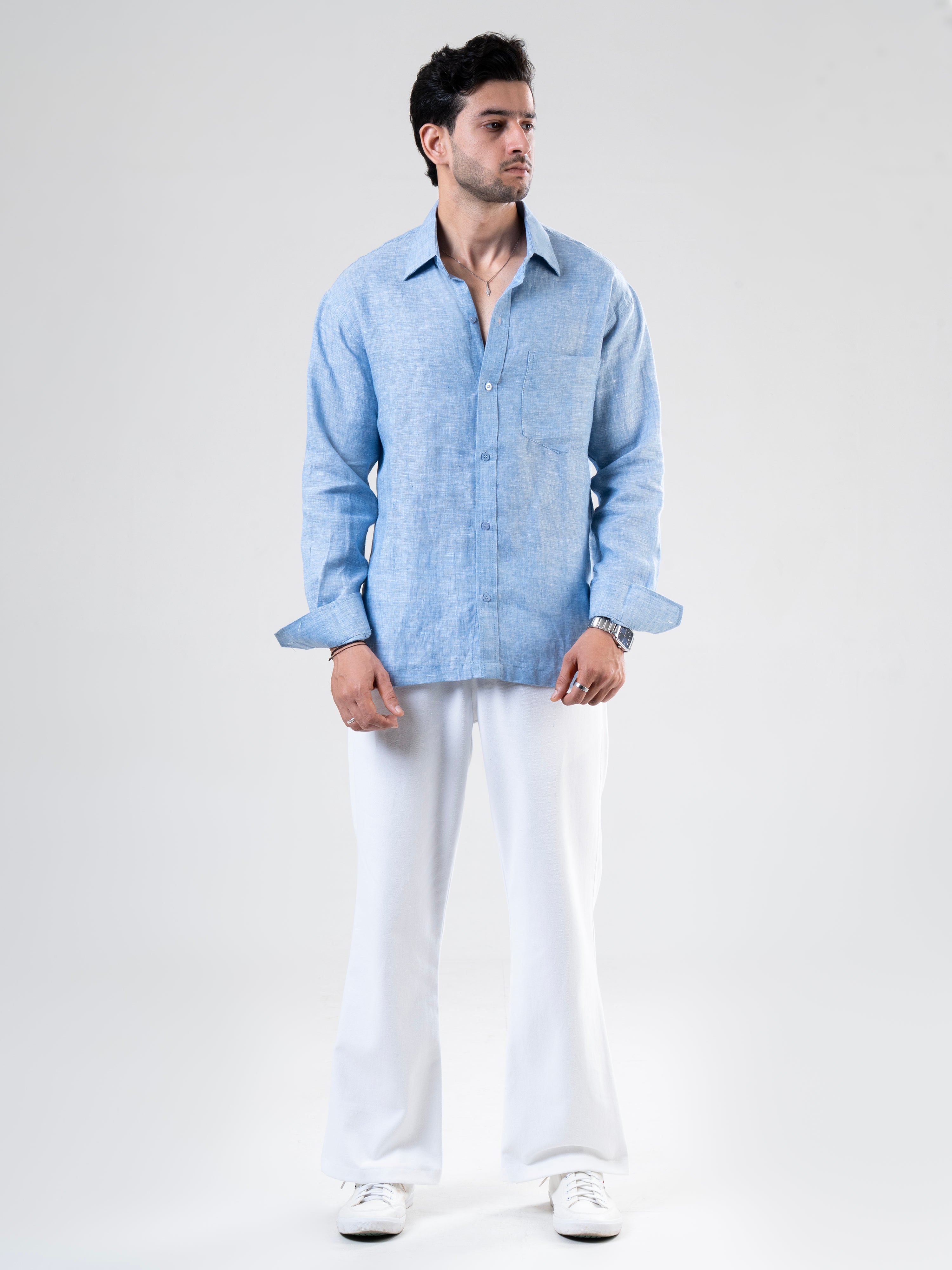 Aqua Linen Full Sleeve Solid Shirt | For Men