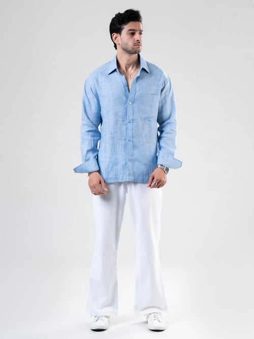 Aqua Linen Full Sleeve Solid Shirt | For Men