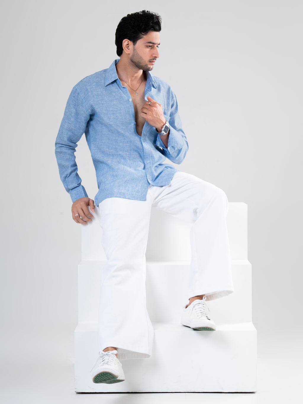 Aqua Linen Full Sleeve Solid Shirt | For Men