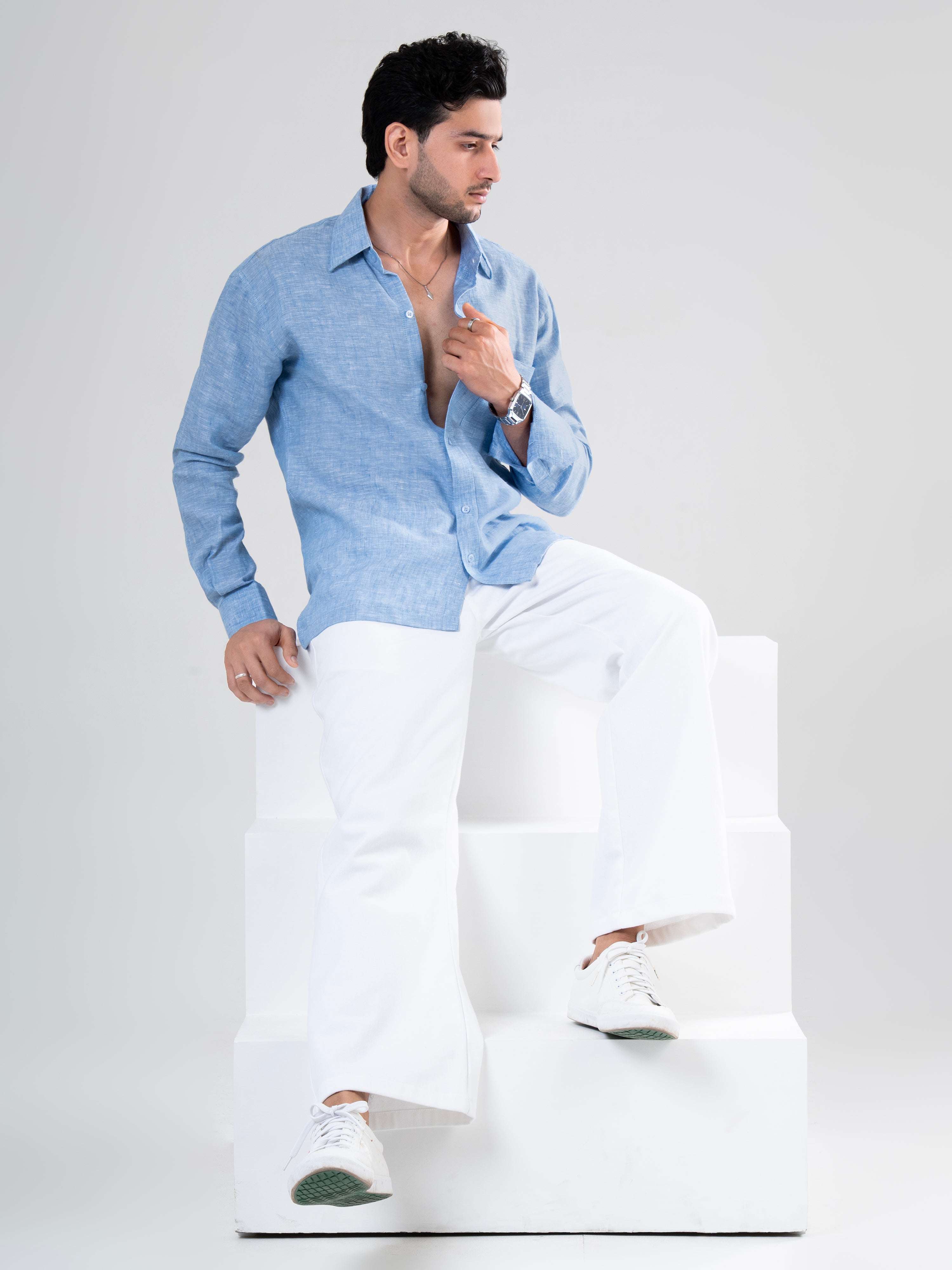 Aqua Linen Full Sleeve Solid Shirt | For Men