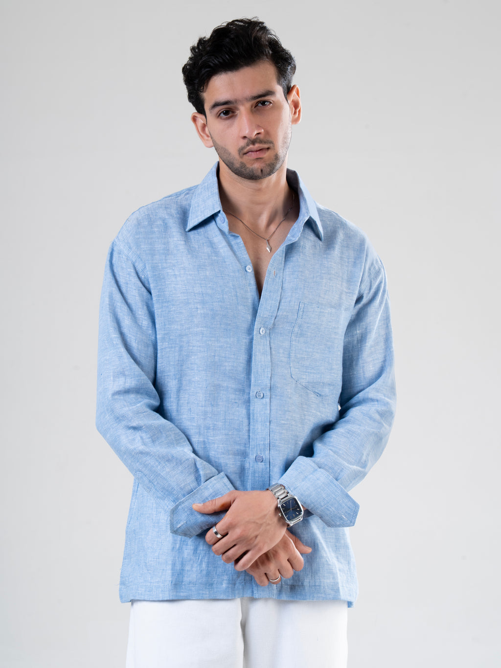Aqua Linen Full Sleeve Solid Shirt | For Men