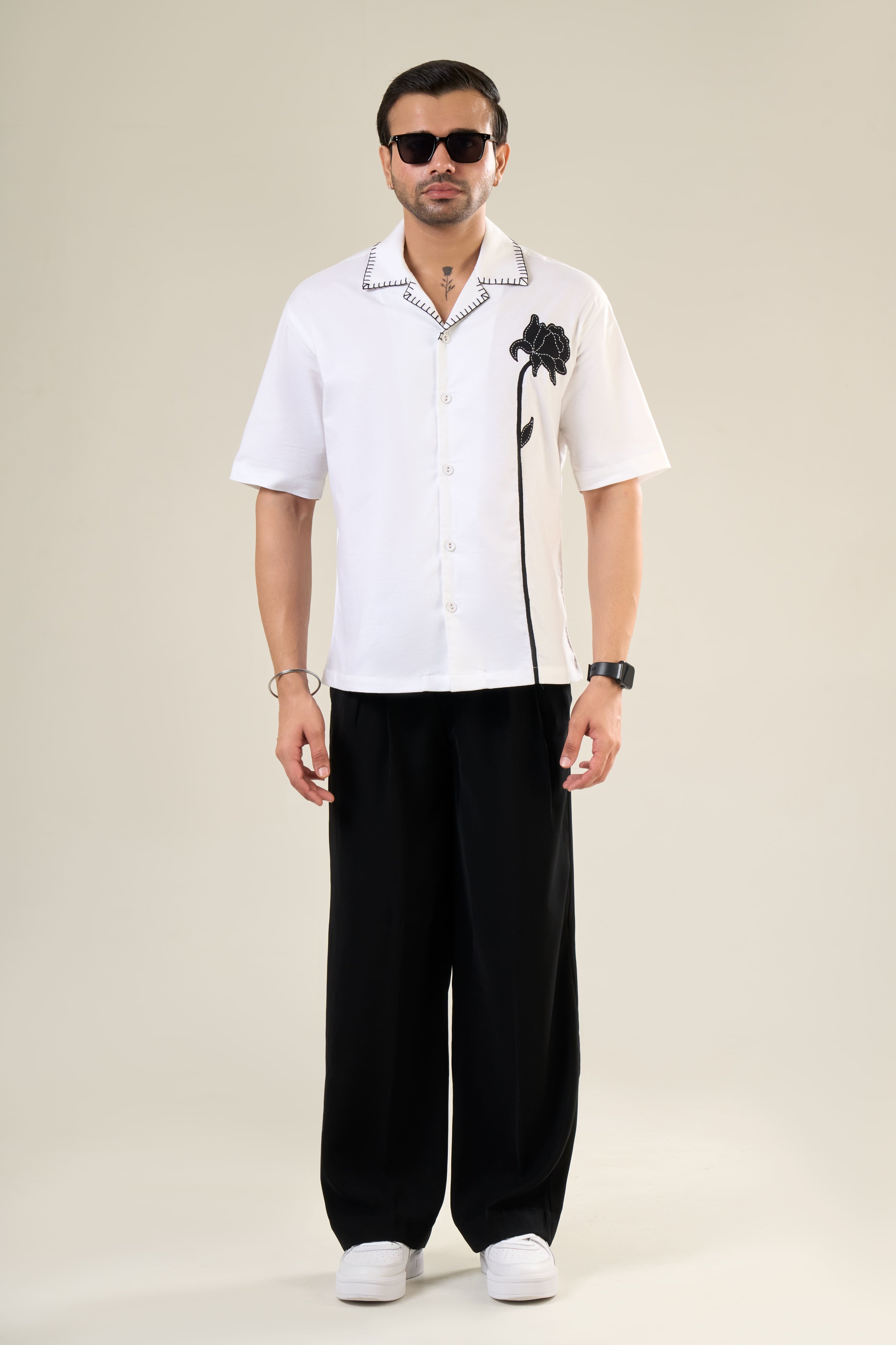White Cotton Half Sleeve Floral Embroidered Shirt | For Unisex
