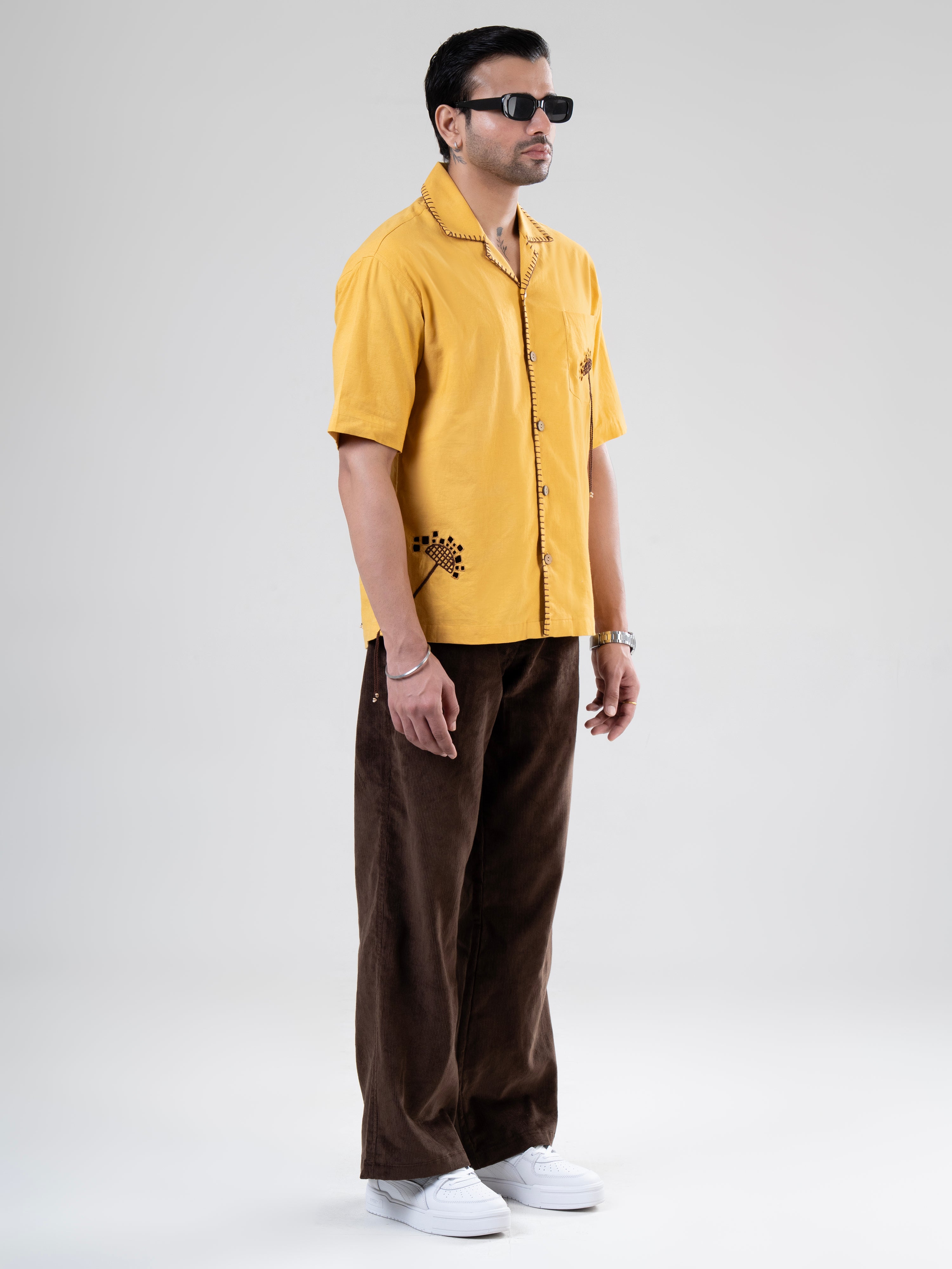 Mustard Cotton Half Sleeve Floral Embroidered Shirt | For Unisex