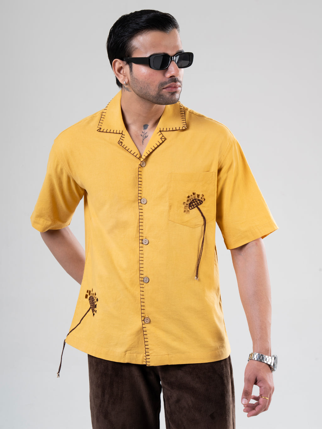 Mustard Cotton Half Sleeve Floral Embroidered Shirt | For Unisex