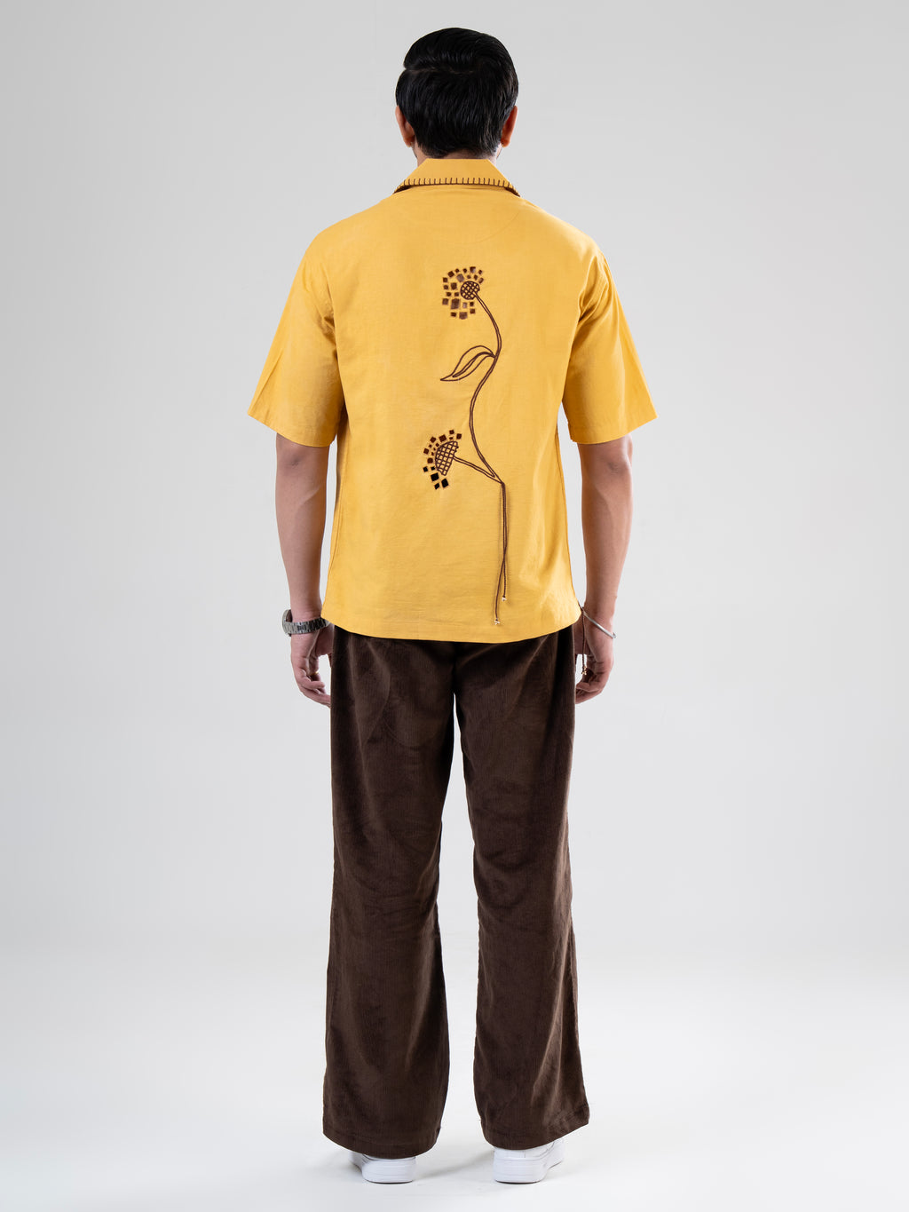 Mustard Cotton Half Sleeve Floral Embroidered Shirt | For Unisex