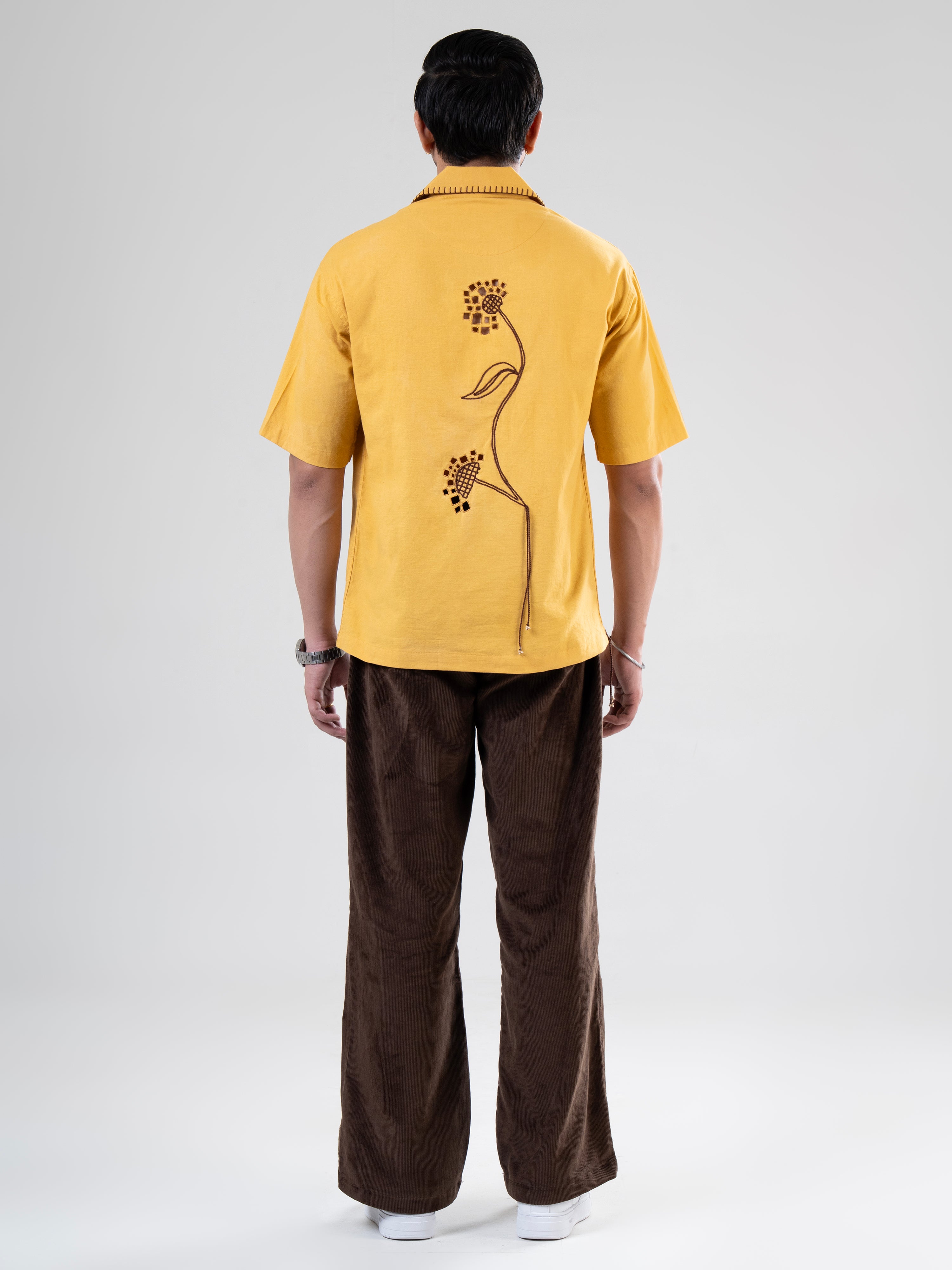 Mustard Cotton Half Sleeve Floral Embroidered Shirt | For Unisex