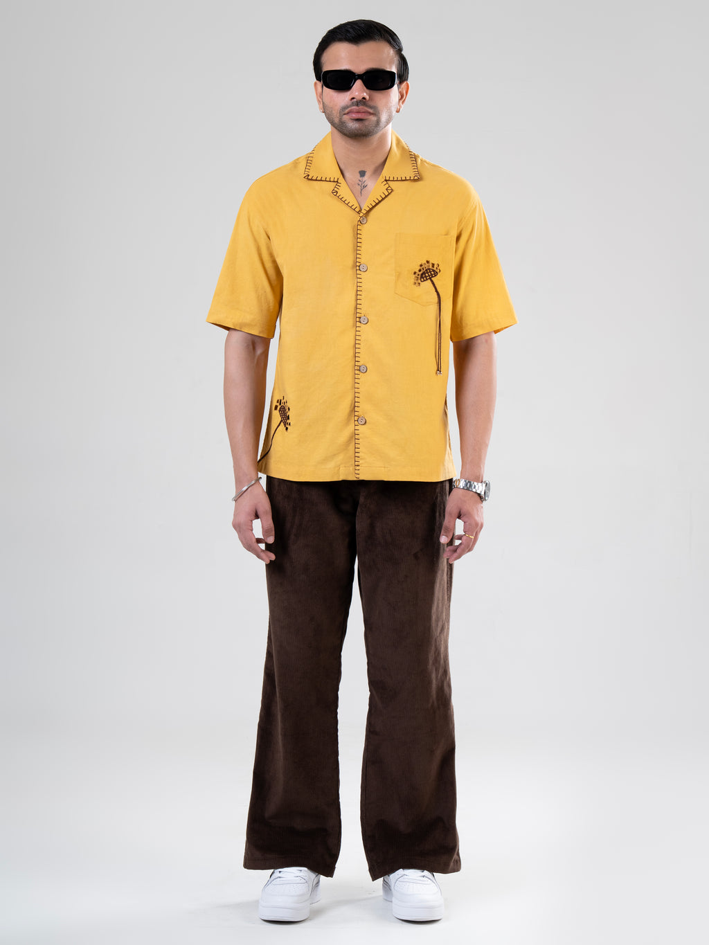 Mustard Cotton Half Sleeve Floral Embroidered Shirt | For Unisex