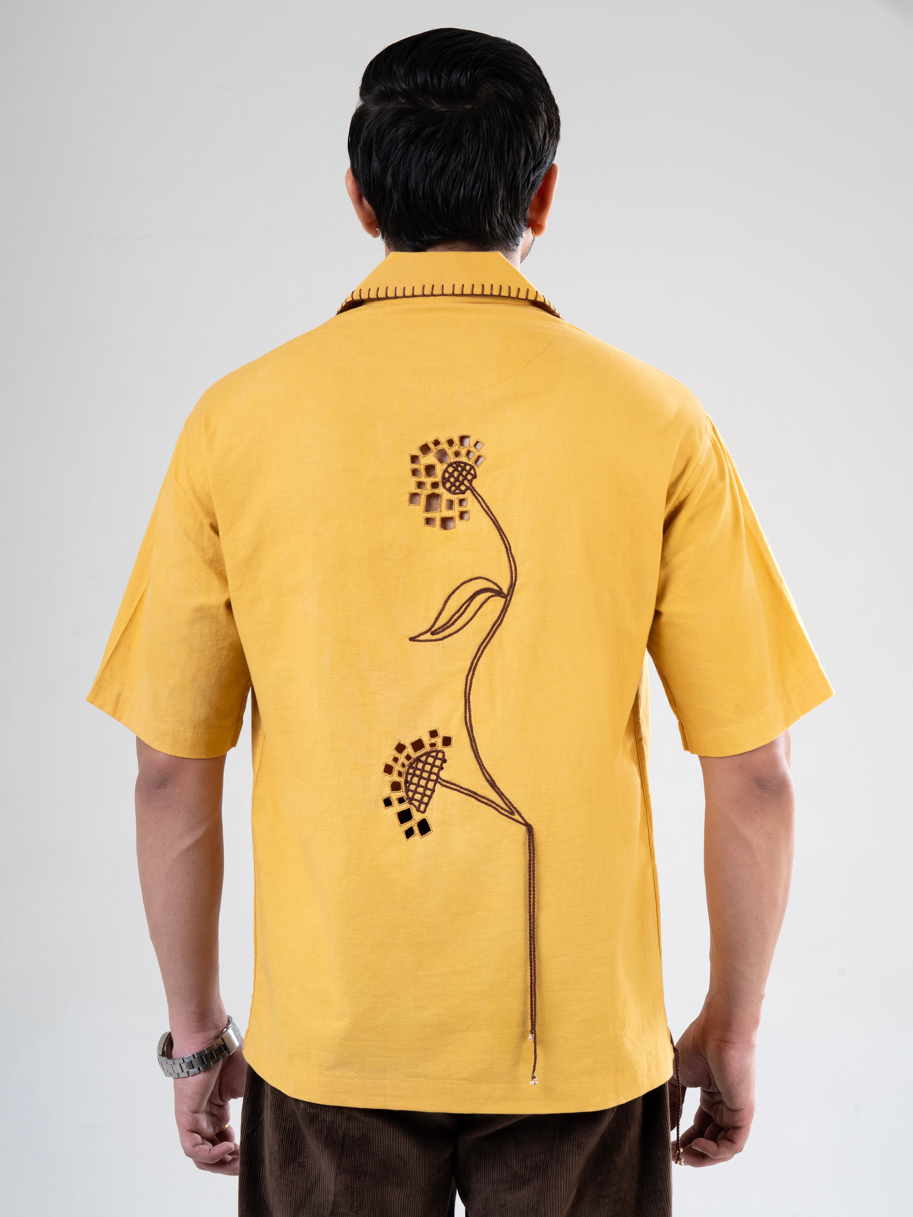 Mustard Cotton Half Sleeve Floral Embroidered Shirt | For Unisex
