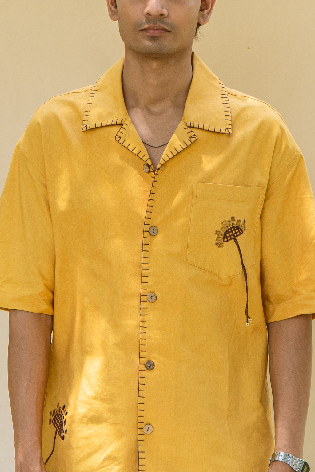 Mustard Cotton Half Sleeve Floral Embroidered Shirt | For Unisex