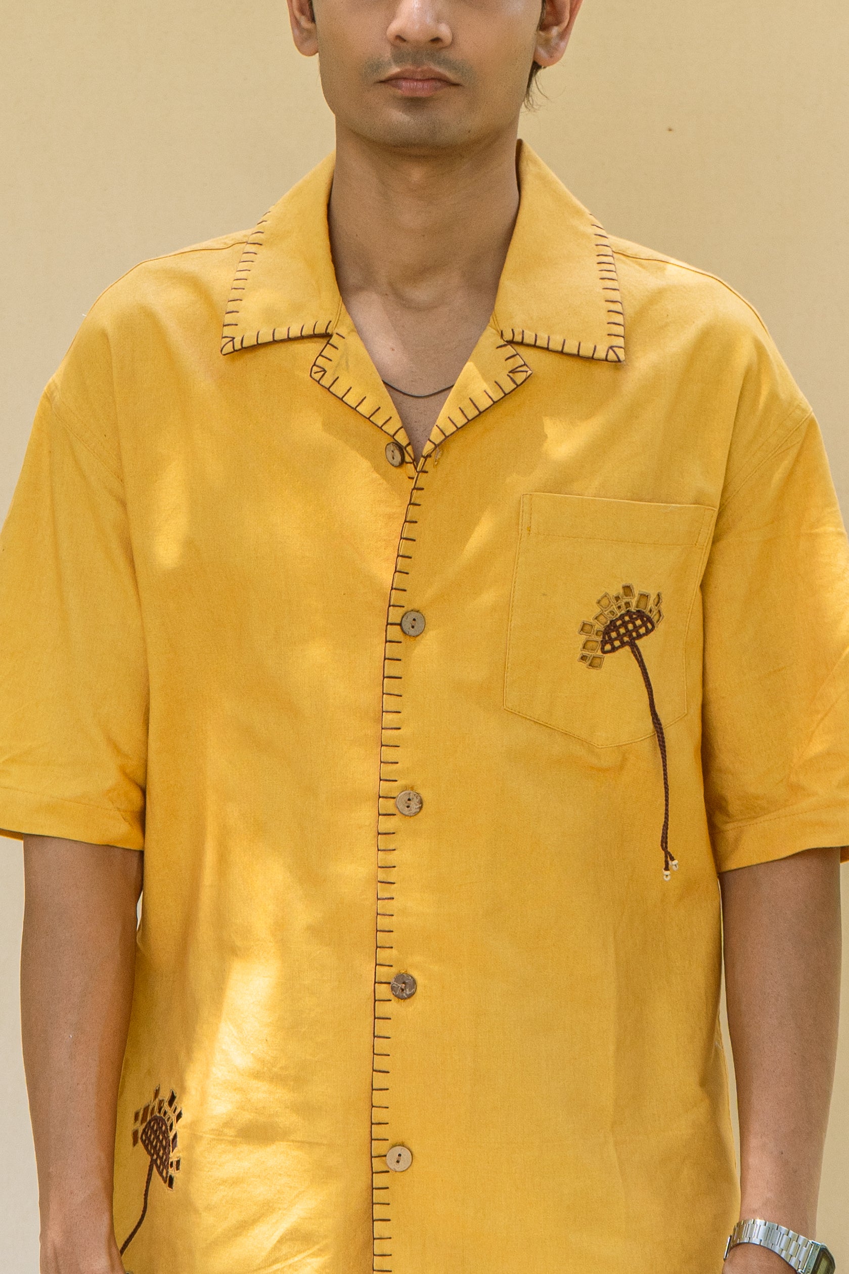Mustard Cotton Half Sleeve Floral Embroidered Shirt | For Unisex