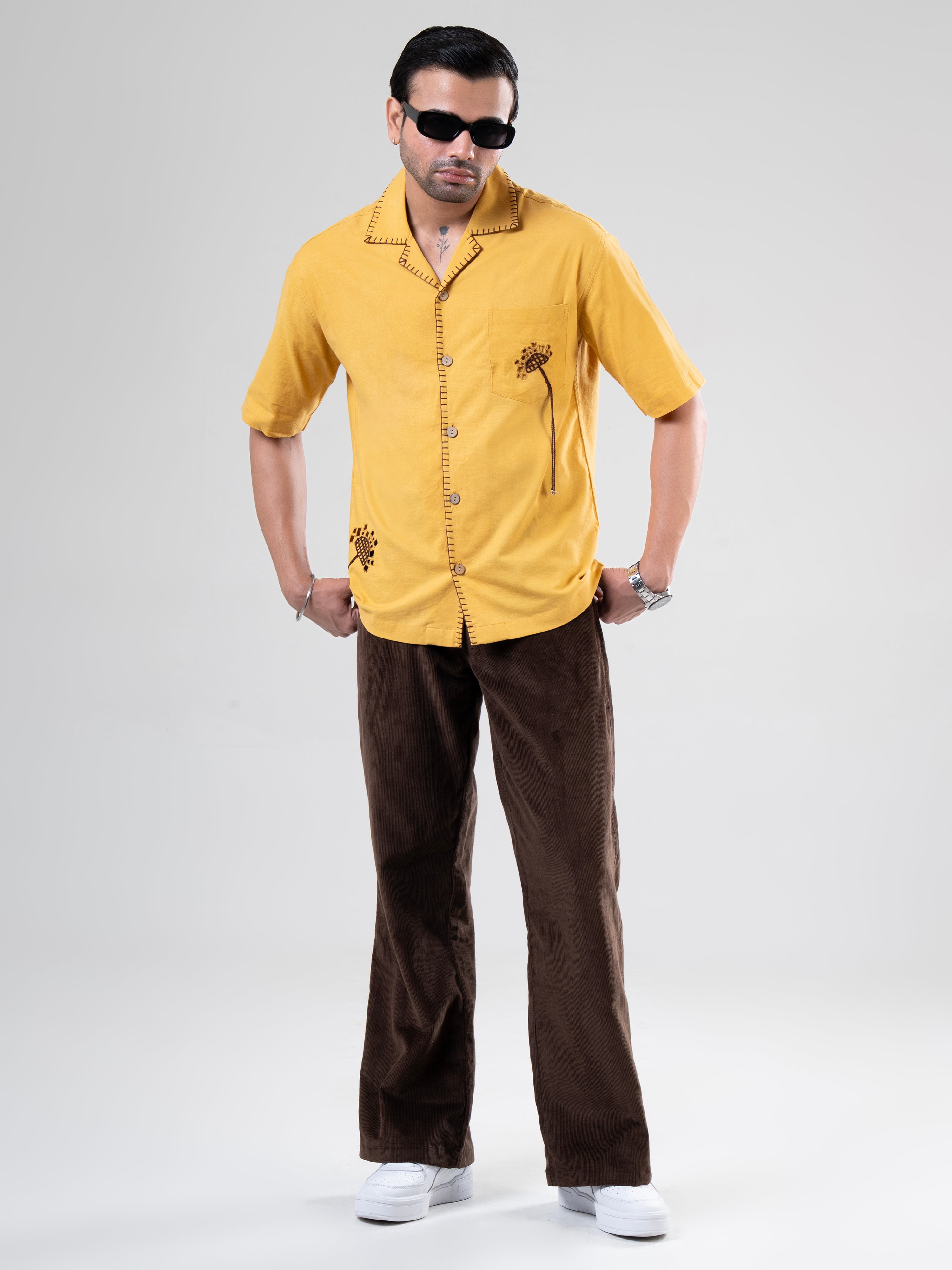 Mustard Cotton Half Sleeve Floral Embroidered Shirt | For Unisex