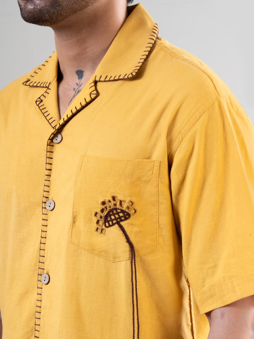 Mustard Cotton Half Sleeve Floral Embroidered Shirt | For Unisex