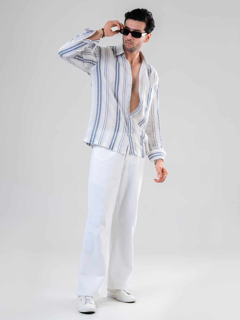 White Blue Cotton Full Sleeve Striped Shirt | For Men