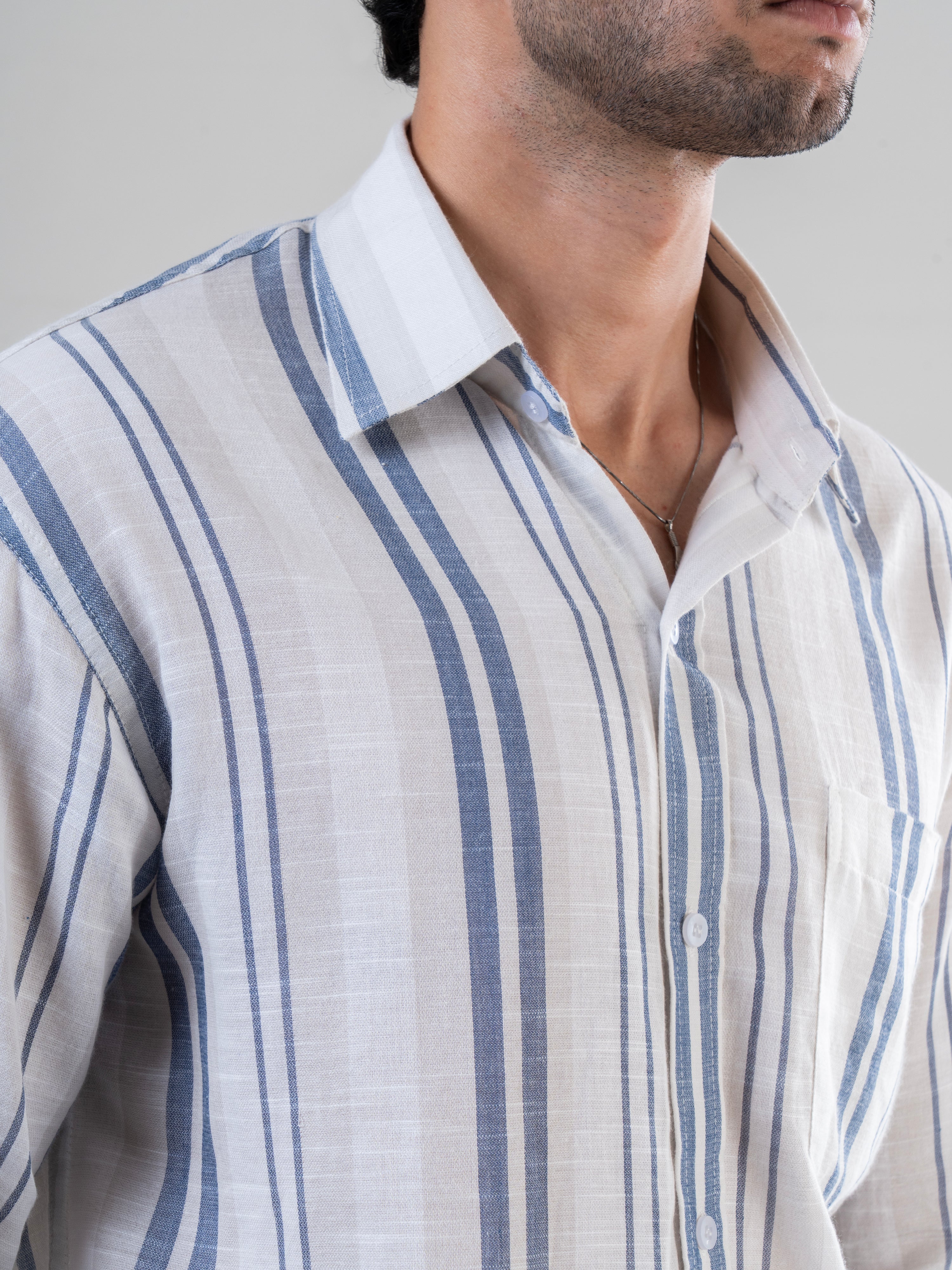 White Blue Cotton Full Sleeve Striped Shirt | For Men