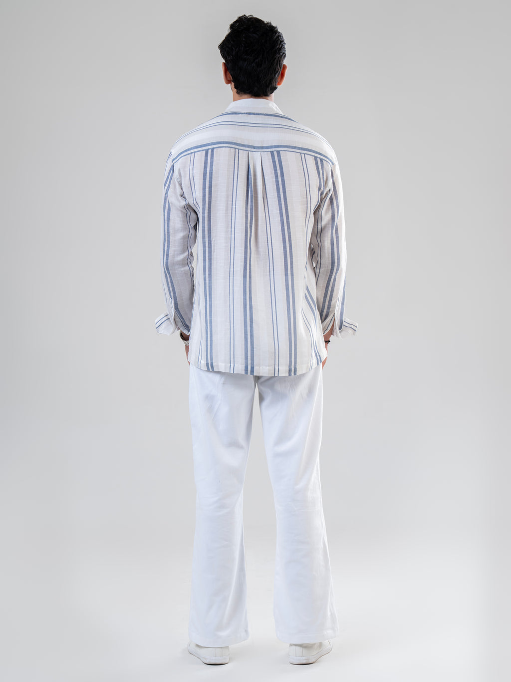 White Blue Cotton Full Sleeve Striped Shirt | For Men