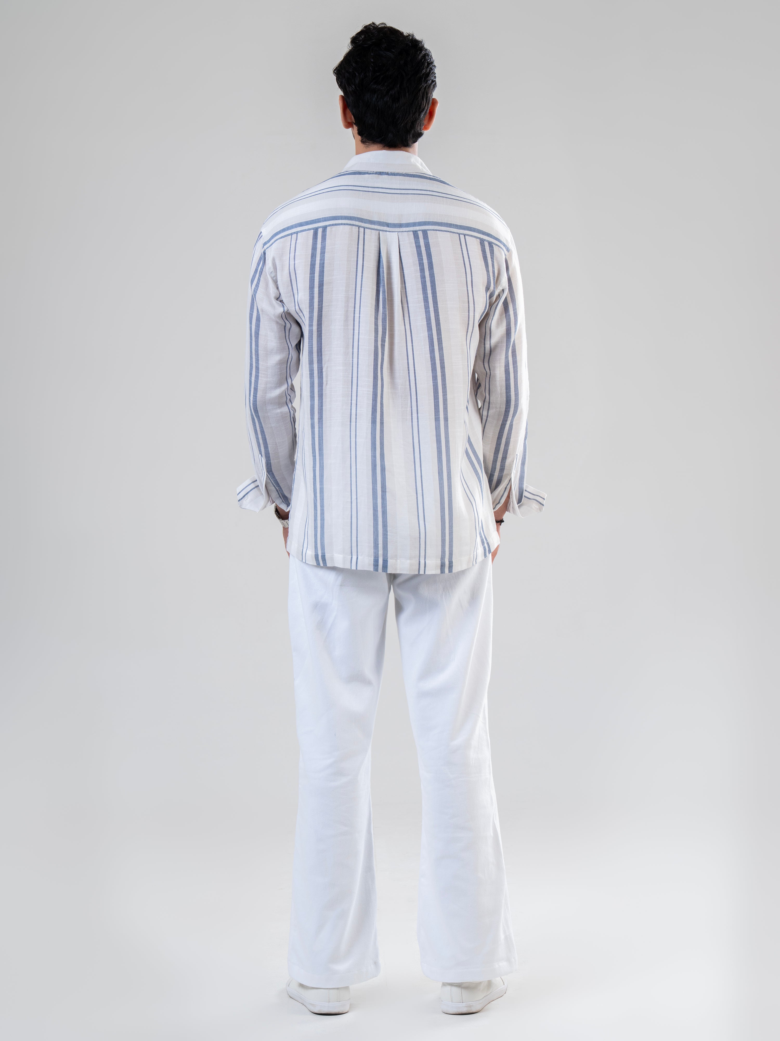 White Blue Cotton Full Sleeve Striped Shirt | For Men