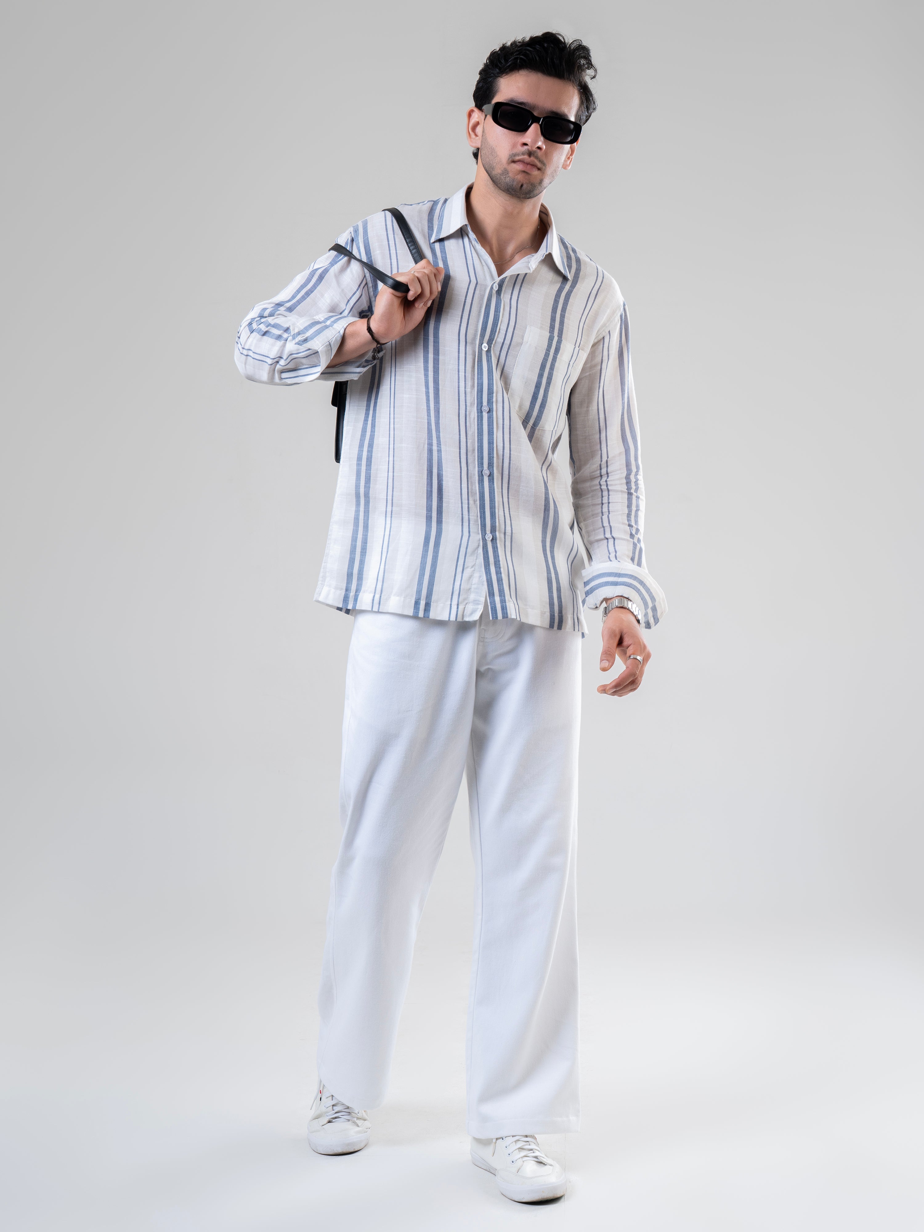 White Blue Cotton Full Sleeve Striped Shirt | For Men