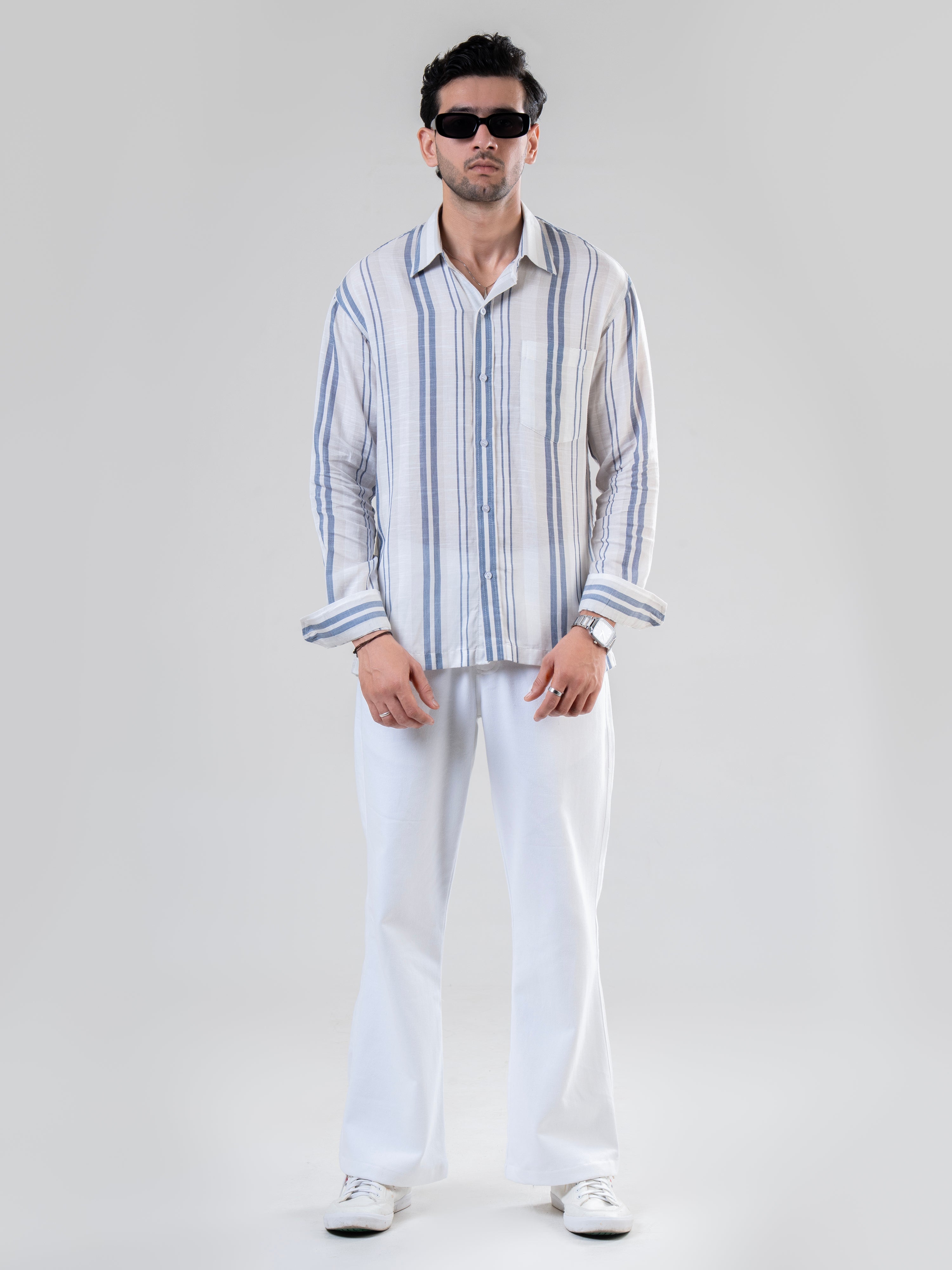 White Blue Cotton Full Sleeve Striped Shirt | For Men