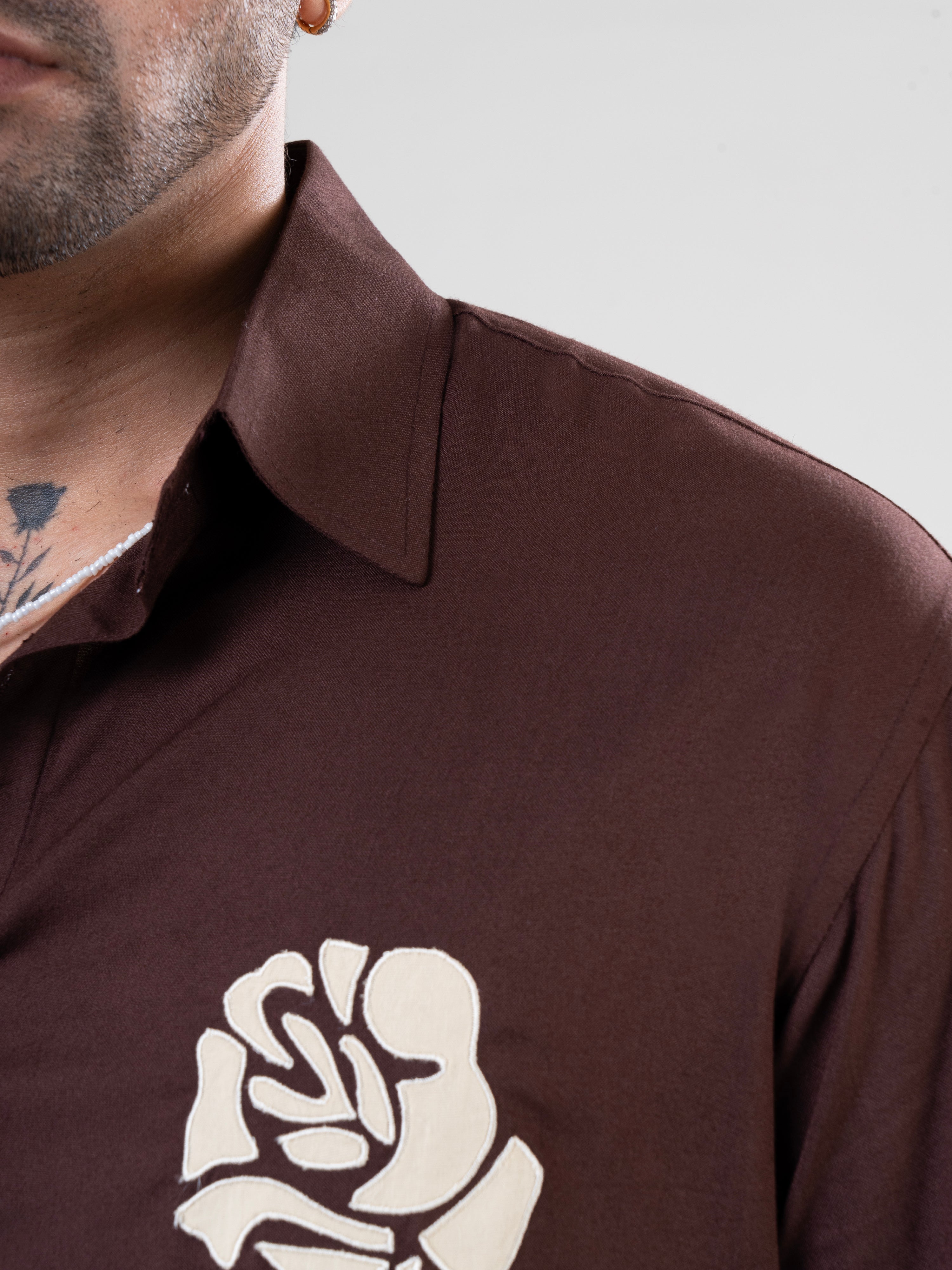 Coffee Rayon Full Sleeve Floral Embroidered Shirt | For Unisex