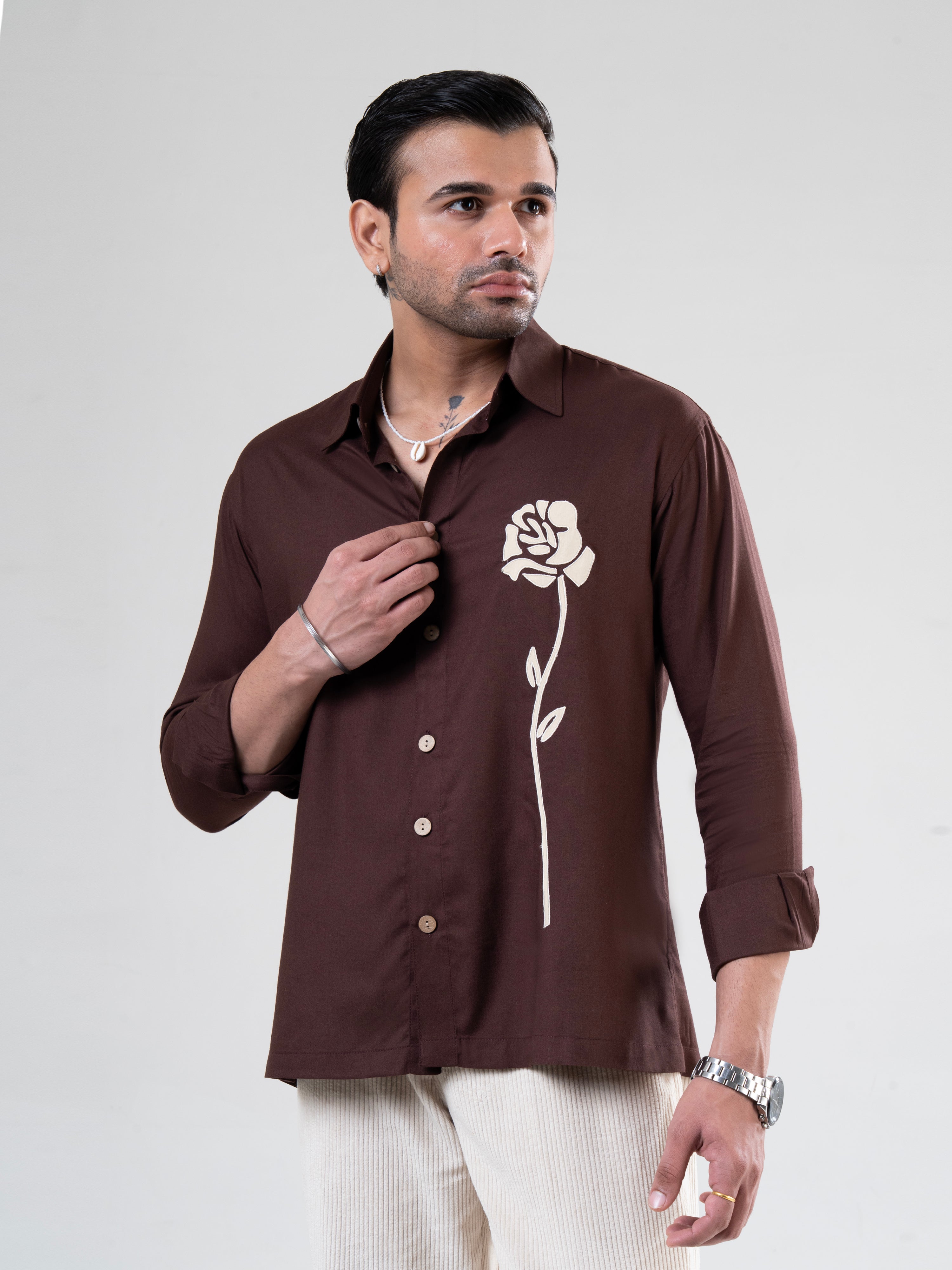 Coffee Rayon Full Sleeve Floral Embroidered Shirt | For Unisex