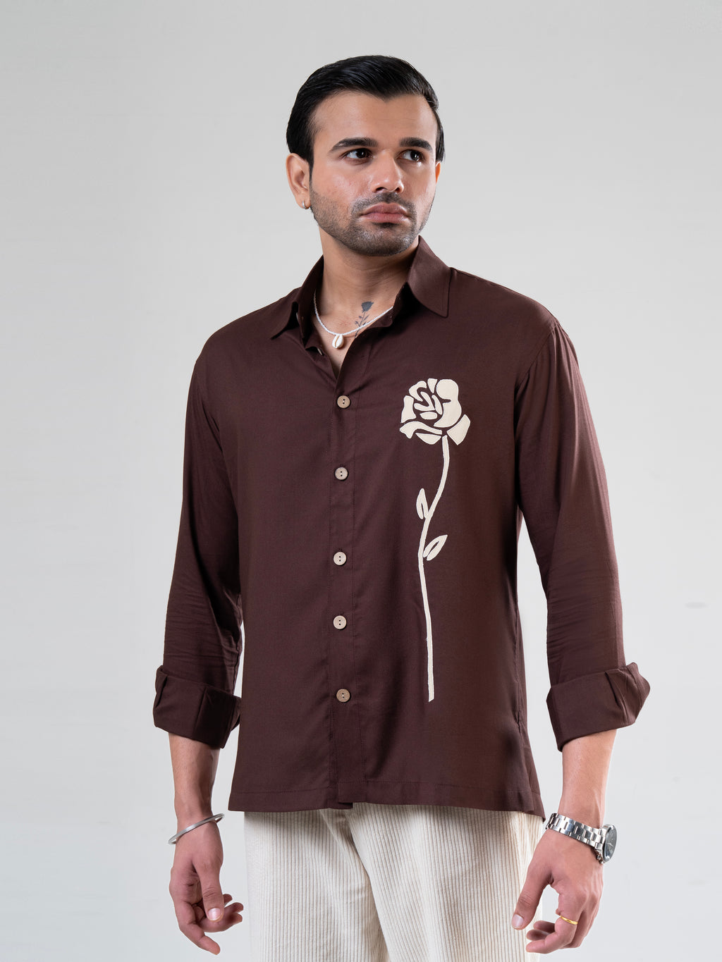 Coffee Rayon Full Sleeve Floral Embroidered Shirt | For Unisex