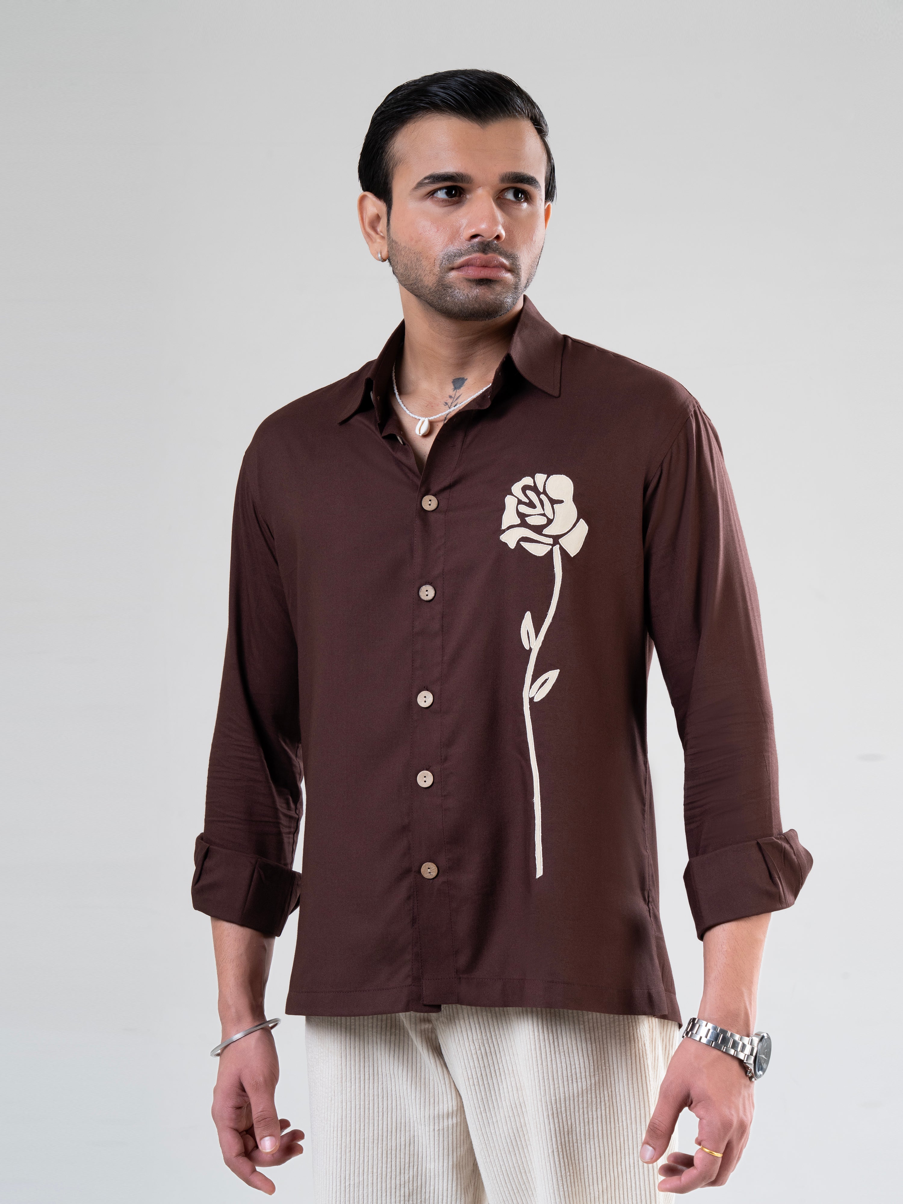 Coffee Rayon Full Sleeve Floral Embroidered Shirt | For Unisex