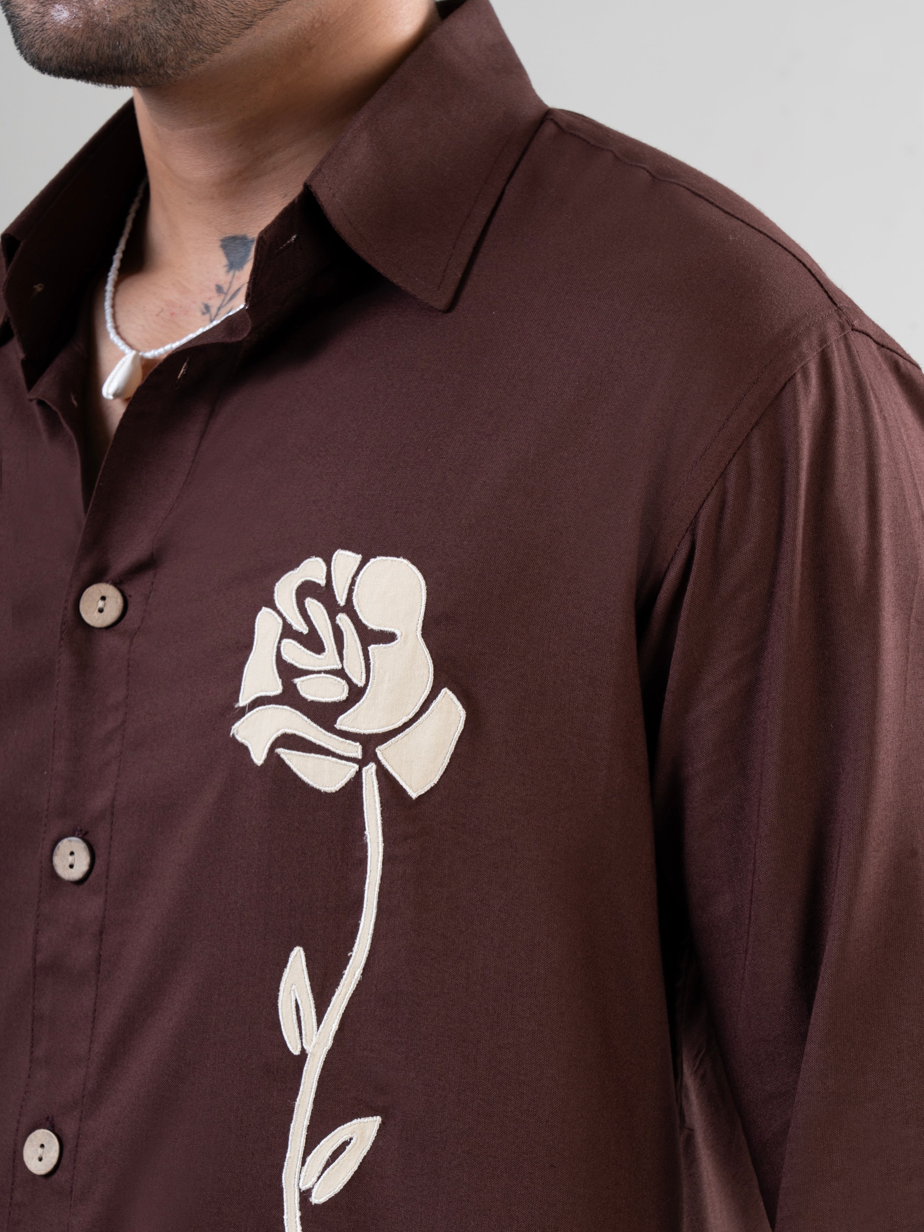 Coffee Rayon Full Sleeve Floral Embroidered Shirt | For Unisex