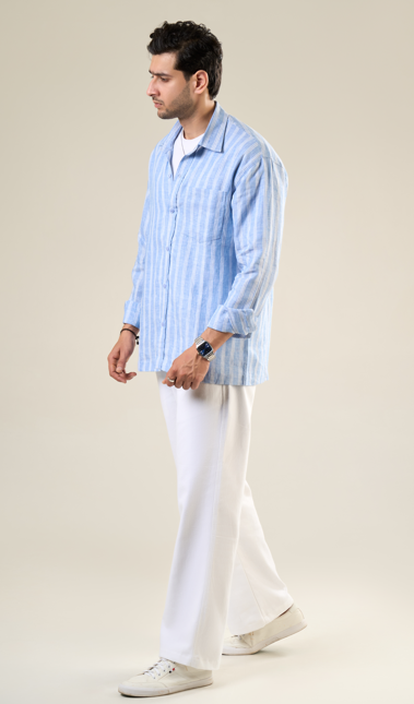 Aqua & White Linen Full Sleeve Striped Shirt | For Men