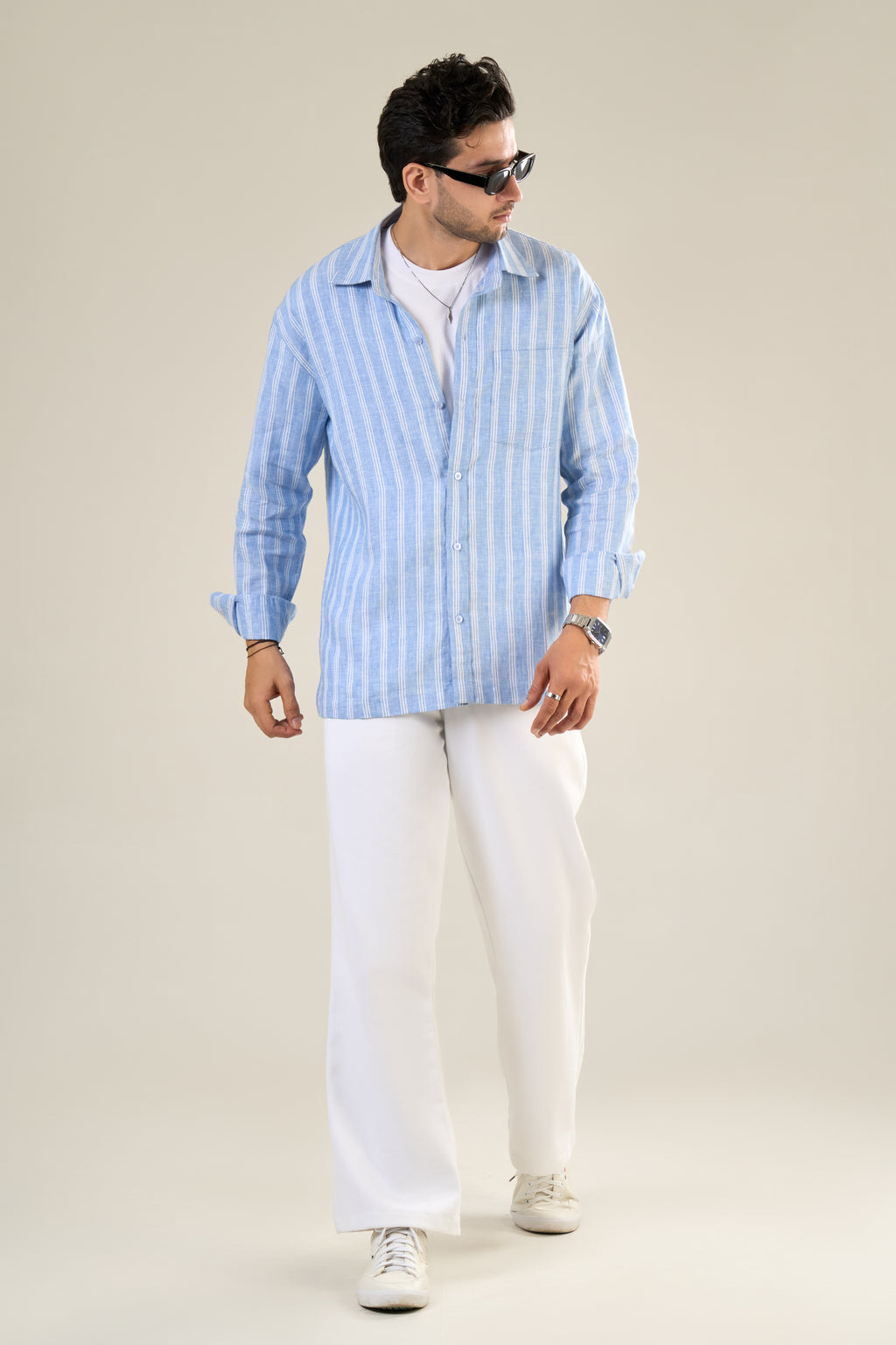 Aqua & White Linen Full Sleeve Striped Shirt | For Men