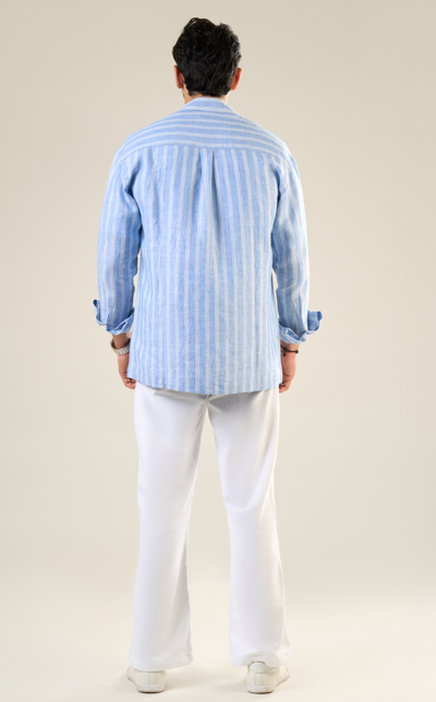 Aqua & White Linen Full Sleeve Striped Shirt | For Men