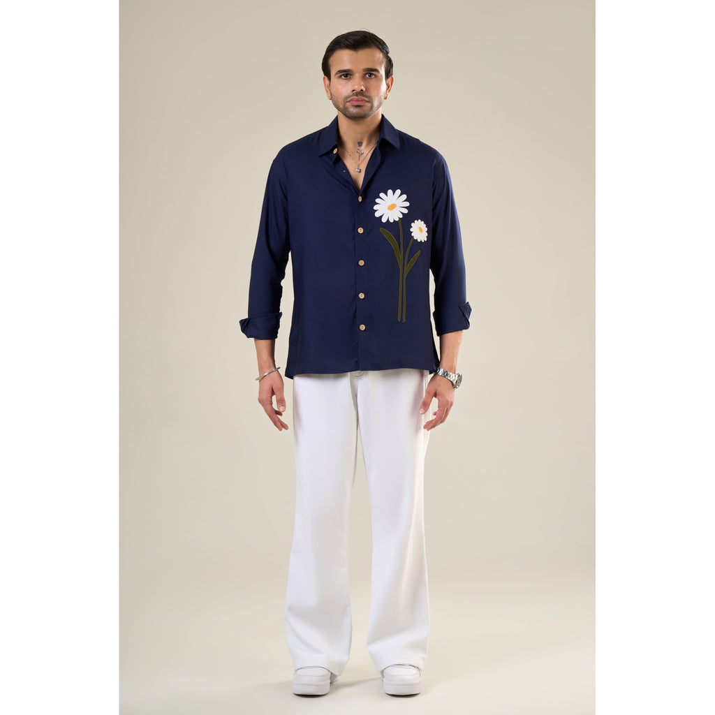 Navy Blue Rayon Full Sleeve Floral Embroidered Shirt | For Unisex