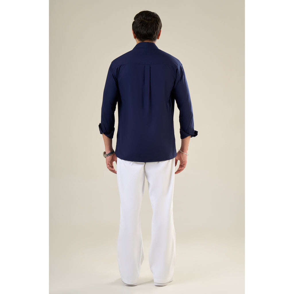 Navy Blue Rayon Full Sleeve Floral Embroidered Shirt | For Unisex