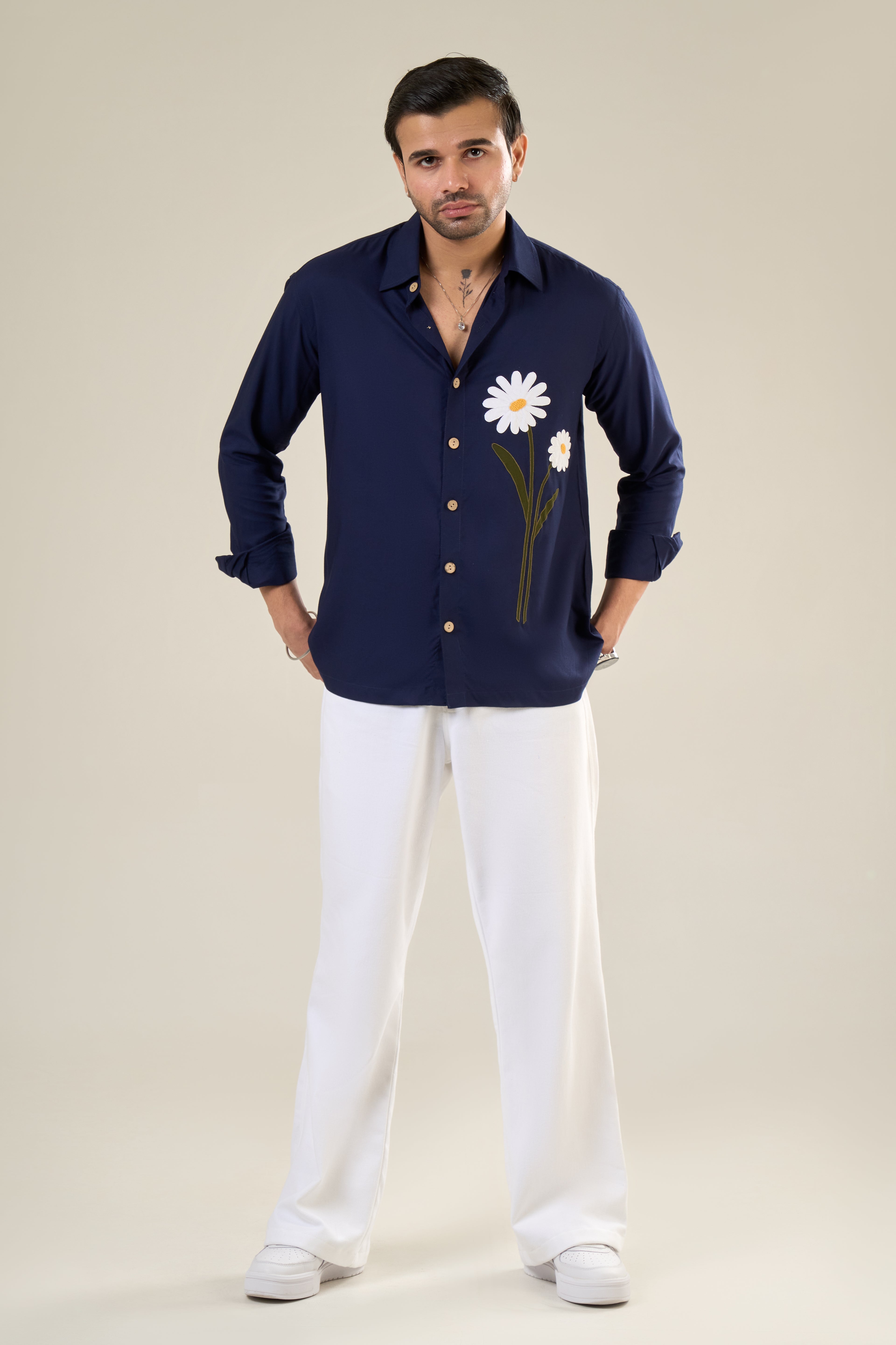 Navy Blue Rayon Full Sleeve Floral Embroidered Shirt | For Unisex