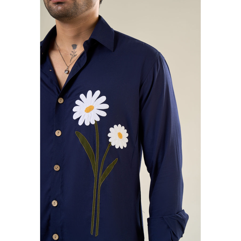 Navy Blue Rayon Full Sleeve Floral Embroidered Shirt | For Unisex