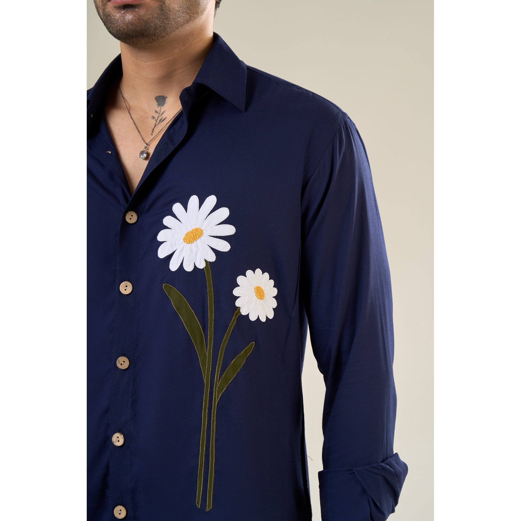Navy Blue Rayon Full Sleeve Floral Embroidered Shirt | For Unisex