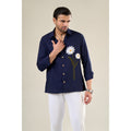 Navy Blue Rayon Full Sleeve Floral Embroidered Shirt | For Unisex