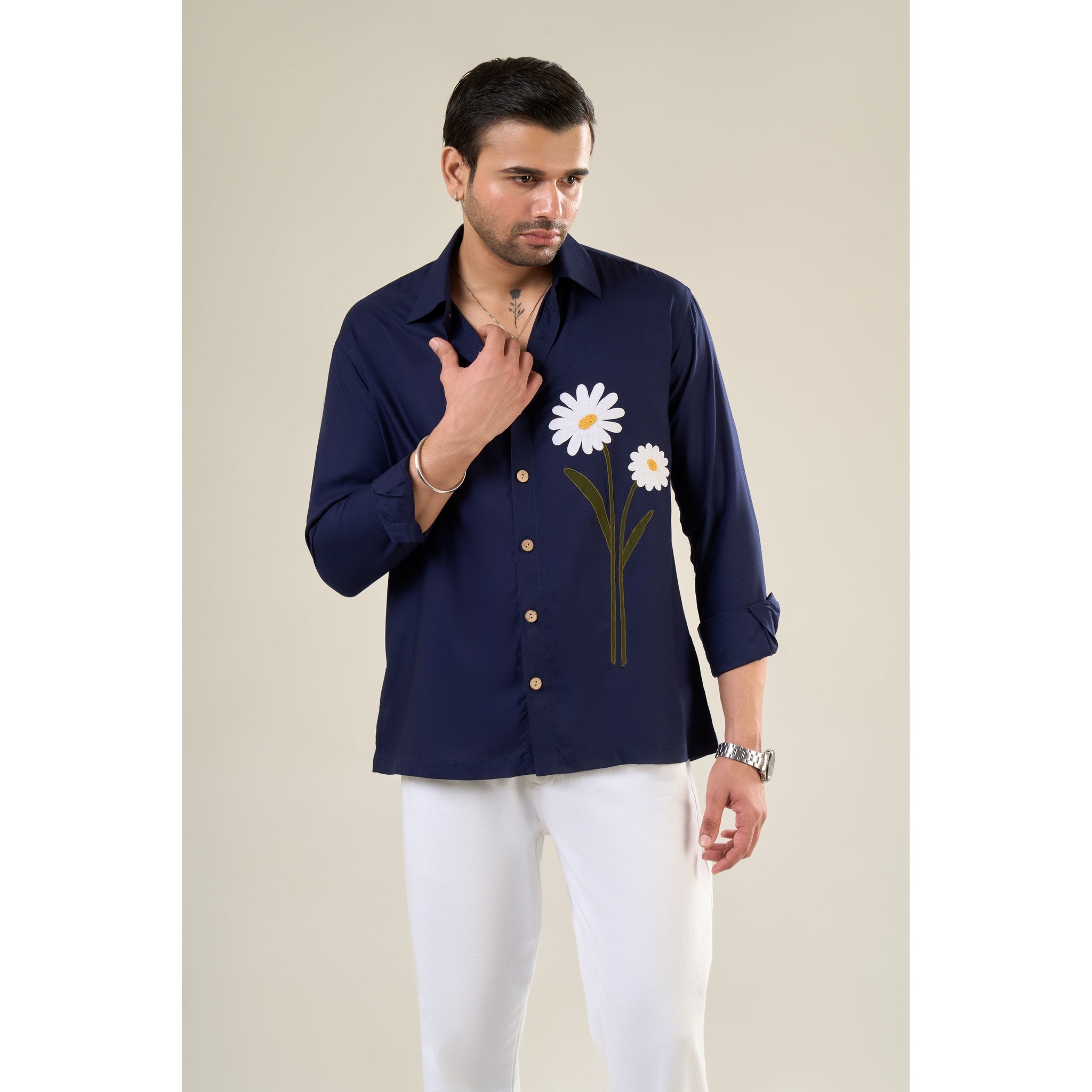 Navy Blue Rayon Full Sleeve Floral Embroidered Shirt | For Unisex