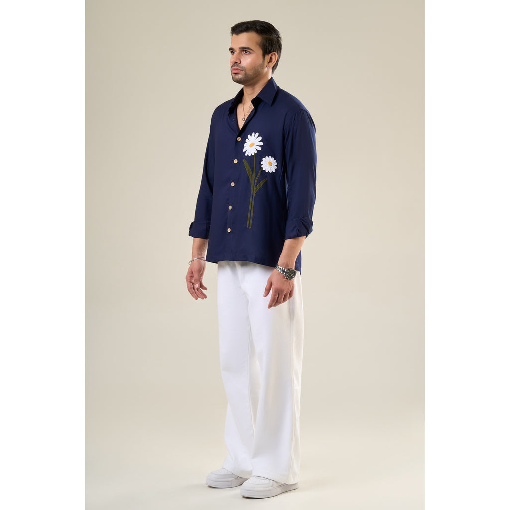 Navy Blue Rayon Full Sleeve Floral Embroidered Shirt | For Unisex