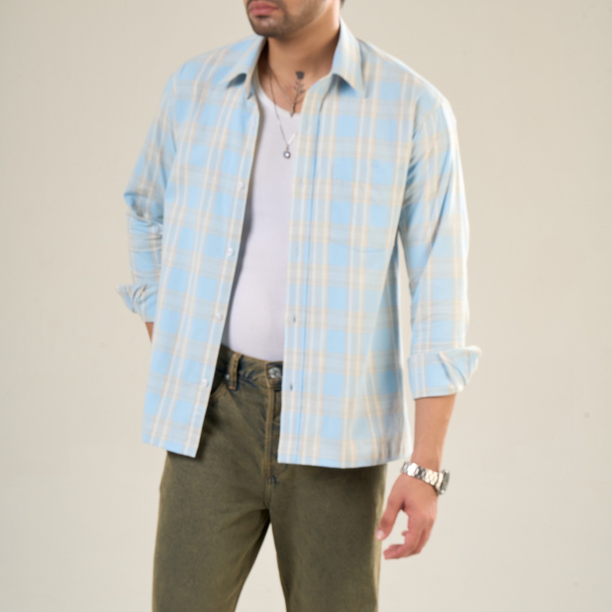 Aqua & Beige Cotton Full Sleeve Checked Shirt | For Men