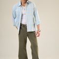 Aqua & Beige Cotton Full Sleeve Checked Shirt | For Men
