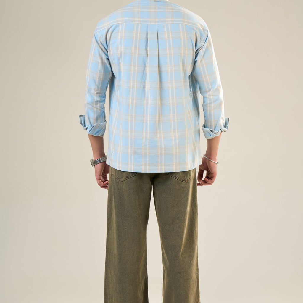 Aqua & Beige Cotton Full Sleeve Checked Shirt | For Men
