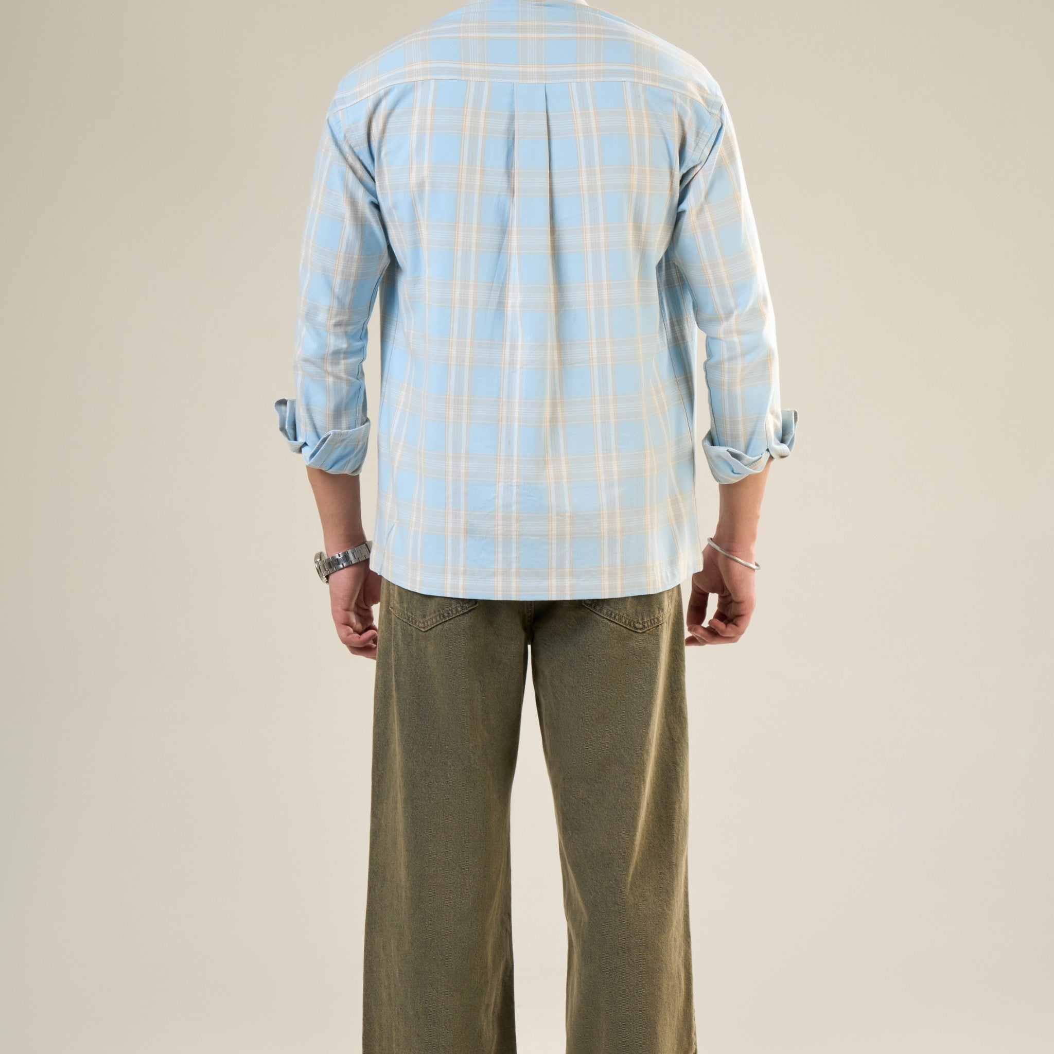 Aqua & Beige Cotton Full Sleeve Checked Shirt | For Men