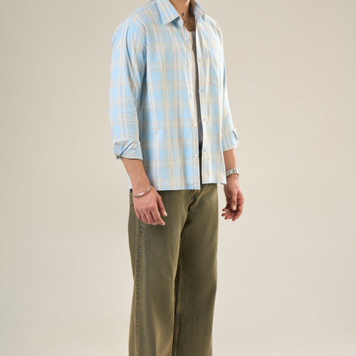 Aqua & Beige Cotton Full Sleeve Checked Shirt | For Men