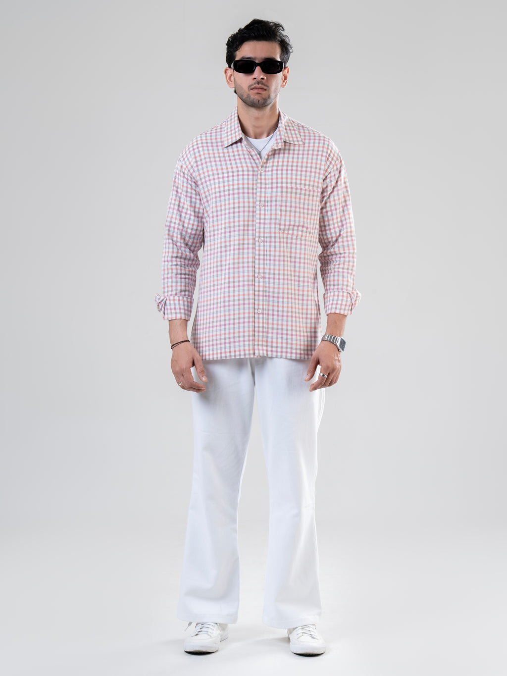 Peach Cotton Full Sleeve Checked Shirt | For Men