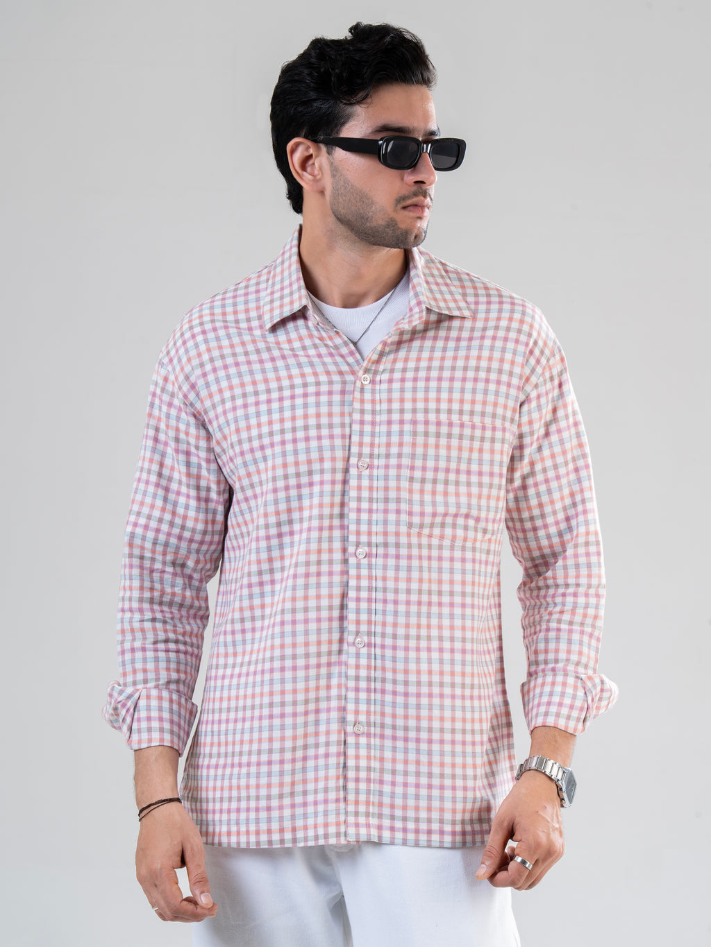 Peach Cotton Full Sleeve Checked Shirt | For Men